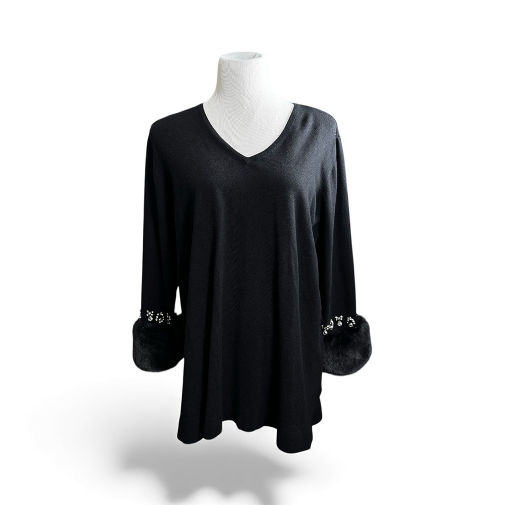 ANNE KLEIN Black Faux Fur Women's XL Embellished V-Neck Sweater Whimsigoth Glam